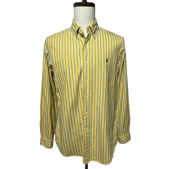 Ralph Lauren Shirt Mens Large Yellow Blue Striped Custom Fit Long Sleeve Preppy - Picture 5 of 10